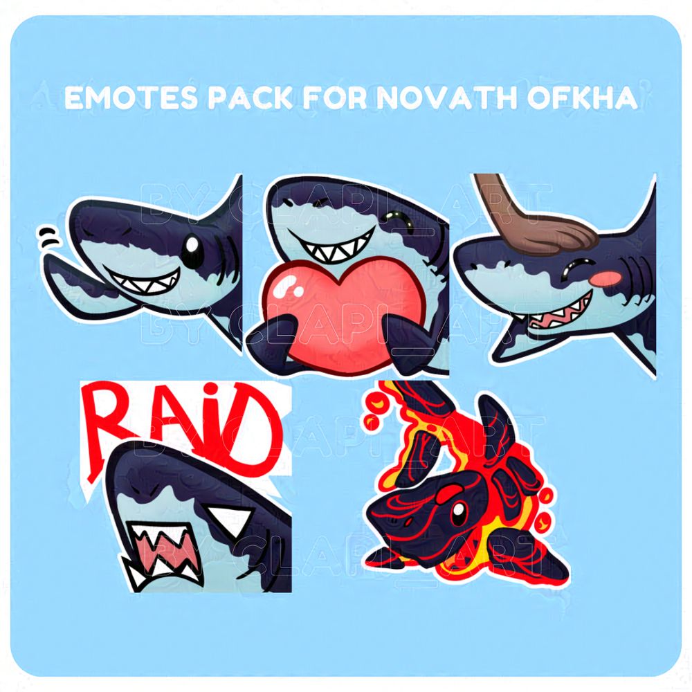 Pack d'emote requin mignons, la première fait coucou, la seconde tient un coeur entre ses nageoires, la troisième est un requin qui se fait carresser la tête, la quatrièle est un requin en colère qui hurle RAID, et la dernière est un requin en lave. 