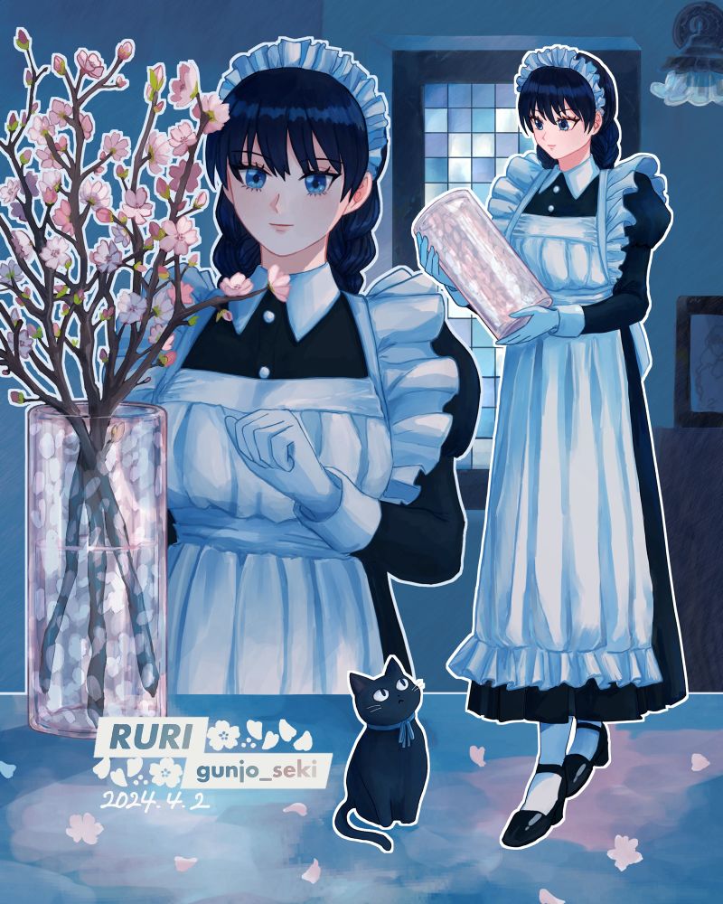 右側には、メイド服のような服を着た、青い瞳の女の子(瑠璃)が桜を生けるための花瓶を持っている。そばには黒猫がいる。
左側には、瑠璃がその花瓶に桜を生け、笑みを浮かべている。