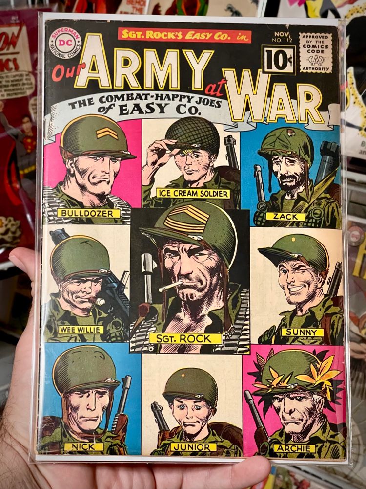Our Army at War 112, 1961, classic Joe Kubert cover featuring Sgt. Rock Easy Company roster
🔥
Release:	Nov 1961 
🔥

