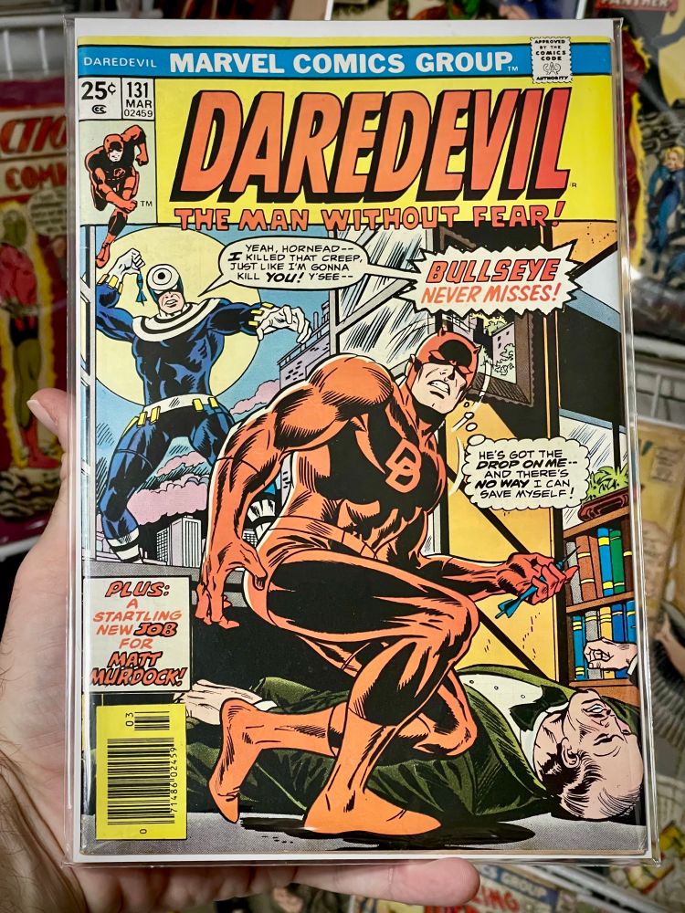 Daredevil 131, 1976, first appearance of Bullseye (Lester Benjamin Poindexter) 🔥 Release: Mar 1, 1976 🔥 Creators Writer Marv Wolfman Cover Artist Rich Buckler Cover Penciller Rich Buckler Cover Inker Frank Giacoia Penciller Bob Brown Inker Klaus Janson Colorist Michele Wolfman Letterer Joe Rosen Editor Marv Wolfman