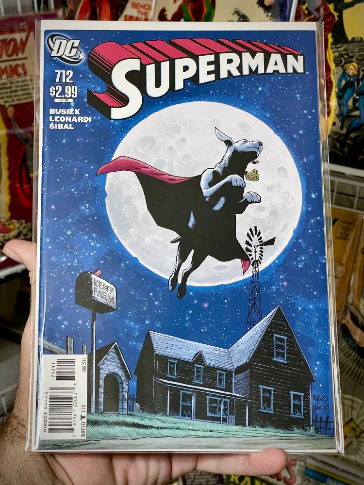 Superman 712, 2011, classic Krypto cover by Carlos Pacheco
🔥
Release:	Jun 8, 2011 
🔥
Creators
Writer	Kurt Busiek
Artist	Eddy Barrows
Cover Penciller	  Carlos Pacheco
Cover Inker	  Jesús Merino
Cover Colorist	Dave Stewart
Penciller	Rick Leonardi
Inker	Jonathan Sibal
Colorist	   Brad Anderson
Letterer	   Comicraft
Editor	Matt Idelson