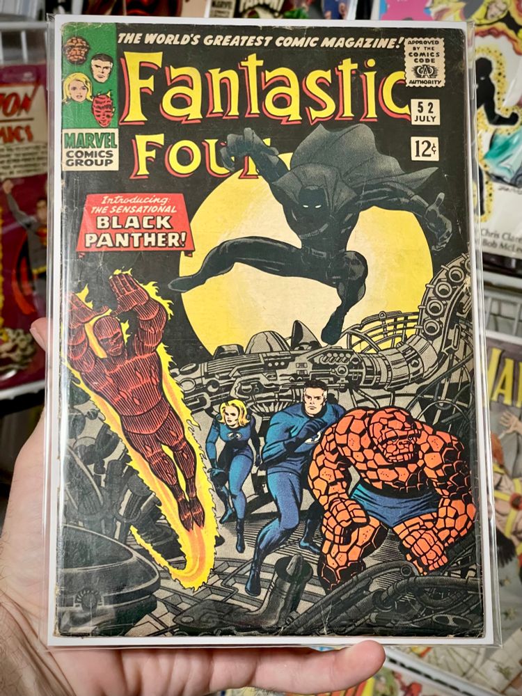 Fantastic Four 52, 1966, first appearance of Black Panther (T’Challa)
🔥
Release:	Apr 12, 1966 
🔥
Creators
Cover Penciller	Jack Kirby
Cover Inker	  Joe Sinnott
Penciller & Plot	Jack Kirby
Inker	Joe Sinnott
Letterer	   Sam Rosen
Editor	Stan Lee