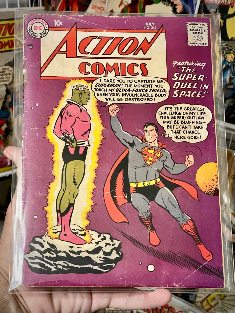 Action Comics 242, 1958, first appearance of Brainiac, Debut of the Bottled City of Kandor
🔥
Cover:	Jul 1958
🔥
Creators 
Writer	Otto Binder
Artist	Al Plastino, Jim Mooney, Howard Sherman
Cover Penciller	  Curt Swan
Cover Inker	   Stan Kaye
Editor	Mort Weisinger