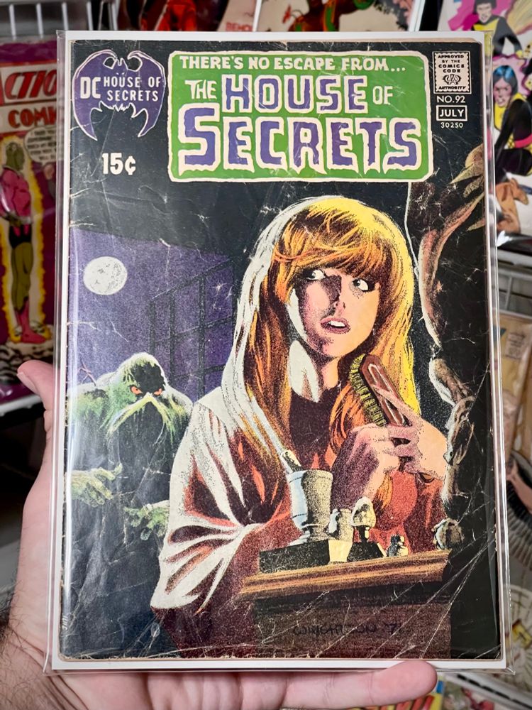 House of Secrets 92, 1971, first appearance of Swamp Thing (Alex Olsen)
🔥
Release:	Jul 1971
🔥
Creators 
Writer	Mark Evanier, Virgil North, Len Wein, Jack Kirby
Artist	Bernie Wrightson, Bill Draut
Cover Artist	   Bernie Wrightson
Penciller	Alan Weiss
Inker	Tony DeZuniga
Colorist	   Tatjana Wood
Editor	Joe Orlando