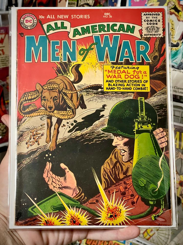 All-American Men of War 28, 1955, first prototype appearance of Sgt. Rock
🔥
Release:	Dec 1955 
🔥
Creators
Writer	Robert Kanigher
Cover Artist	   Jerry Grandenetti
Penciller	Ross Andru
Inker	Mike Esposito
Editor	Whitney Ellsworth