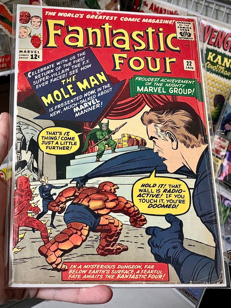 Fantastic Four 22, 1963, second appearance of Mole Man (Harvey Elder), introduction of Invisible Woman’s invisible force shields, first time Thing says “It’s clobbering time!”
🔥
Release:	Oct 8, 1963 
🔥
Creators
Cover Penciller	  Jack Kirby
Cover Inker 	Richard 'Dick' Bache Ayers
Penciller & Plot	Jack Kirby
Inker	George Bell
Letterer	   Sam Rosen
Editor	Stan Lee