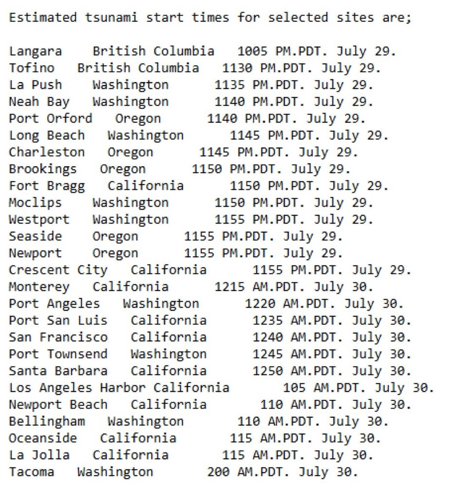 Estimated tsunami start times for selected sites are;
Langara
British Columbia 1005 PM.PDT. July 29.
Tofino
British Columbia 1130 PM.PDT. July 29.
La Push
Washington
1135 PM.PDT. July 29.
Neah Bay
Washington
1140 PM.PDT. July 29.
Port Orford
Oregon
1140 PM.PDT. July 29.
Long Beach
Washington
1145 PM.PDT. July 29.
Charleston
Oregon
1145 PM. PDT. July 29.
Brookings
Oregon
1150 PM.PDT. July 29.
Fort Bragg
California
1150 PM. PDT. July 29.
Moclips
Washington
1150 PM.PDT. July 29.
Westport
Washington
1155 PM.PDT. July 29.
Seaside
Oregon
1155 PM.PDT. July 29.
Newport
Oregon
1155 PM.PDT. July 29.
Crescent City
California
1155 PM.PDT. July 29.
Monterey California
1215 AM.PDT. July 30.
Port Angeles Washington
1220 AM.PDT. July 30.
Port San Luis
California
1235 AM.PDT. July 30.
San Francisco California
1240 AM.PDT. July 30.
Port Townsend Washington
1245 AM.PDT. July 30.
Santa Barbara California
1250 AM.PDT. July 30.
Los Angeles Harbor California
105 AM.PDT. July 30.
Newport Beach California
110 AM.PDT. July 30.
Bellingham Washington
110 AM.PDT. July 30.
Oceanside California
115 AM.PDT. July 30.
La Jolla California
115 AM.PDT. July 30.
Tacoma
Washington
200 AM.PDT. July 30.