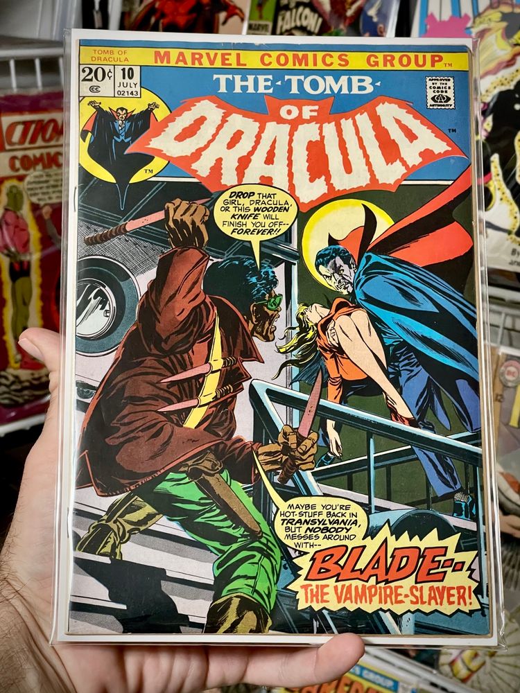 Tomb of Dracula 10, 1973, first appearance of Blade the Vampire Hunter (Eric Brooks)
🔥
Release:	Jul 1973 
🔥
Creators
Writer	Marv Wolfman
Cover Artist 	Gil Kane
Cover Inker 	Tom Palmer Sr.
Penciller	Gene Colan
Inker	Jack Abel
Editor In Chief	Roy Thomas