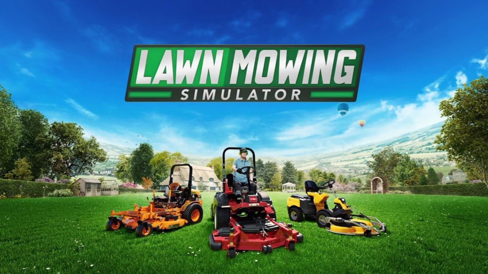 imagem do jogo lawn mowing simulator (simulador de cortador de grama) que mostra três cortadores de grama em cima de um campo verde