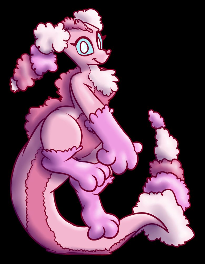 A cotton candy themed dog-kangaroo furry, with large hands, a fluffy chest, and poodle-like ears made of candyfloss.