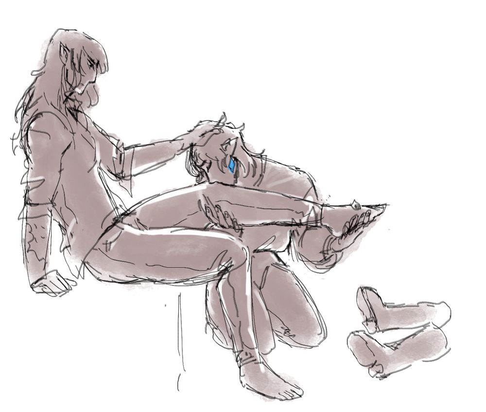 estinien is seated upon an ambiguous surface (perhaps a bench, a settee or a bed), aymeric kneeling before him with a pair of boots on the floor next to them both
aym is reverently kissing es’ knee while holding onto both his foot and underside of his knee