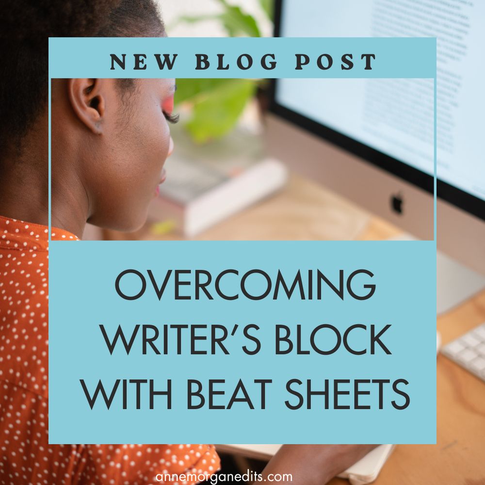 Woman writing in front of laptop. Text: "Overcoming Writer's Block with Beat Sheets"