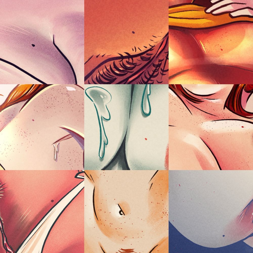 Compilation of close up details from illustrations, focusing on moles, freckles and general skin blemishes 