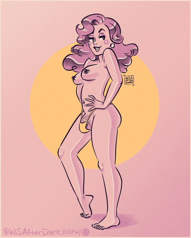 A slim trans woman with big pink hair and perky, pointy breasts stands proudly as her growing lady penis stretches her tiny underwear to the limit 
