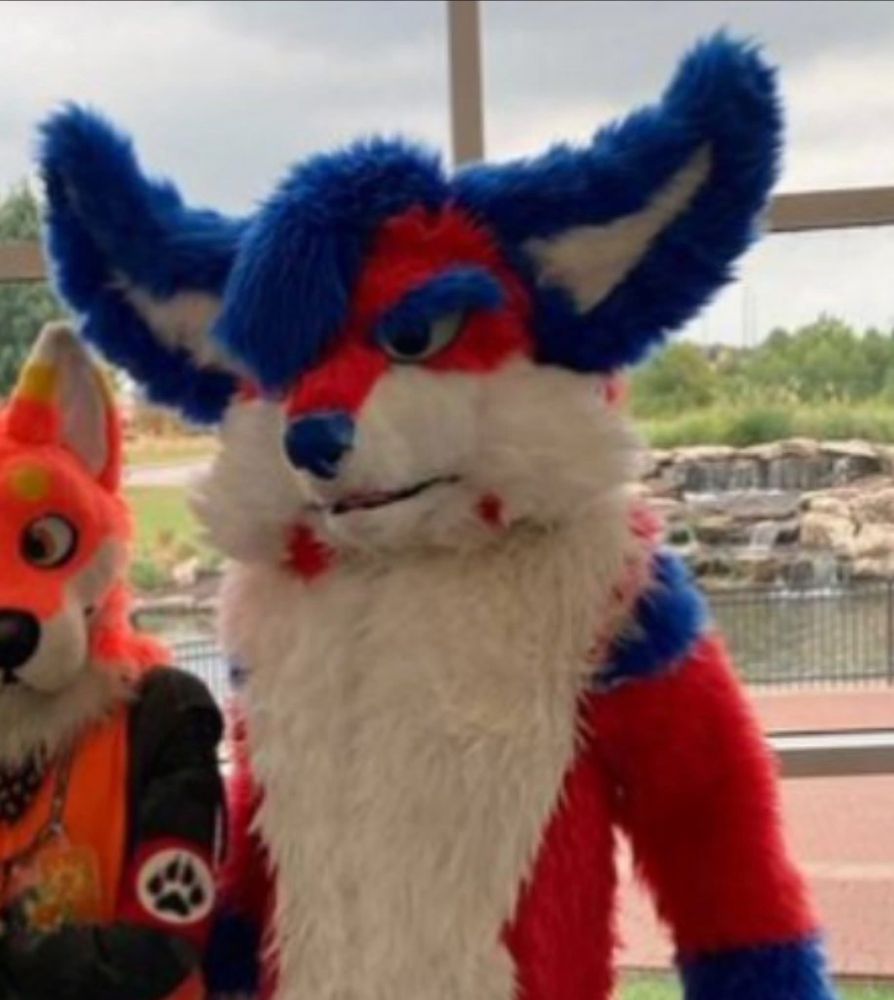 Uma pessoa usando uma “fursuit” de lobo vermelha, com detalhes em azul e branco, com uma cara assustadoramente semelhante ao ex-presidente da República Jair Bolsonaro.