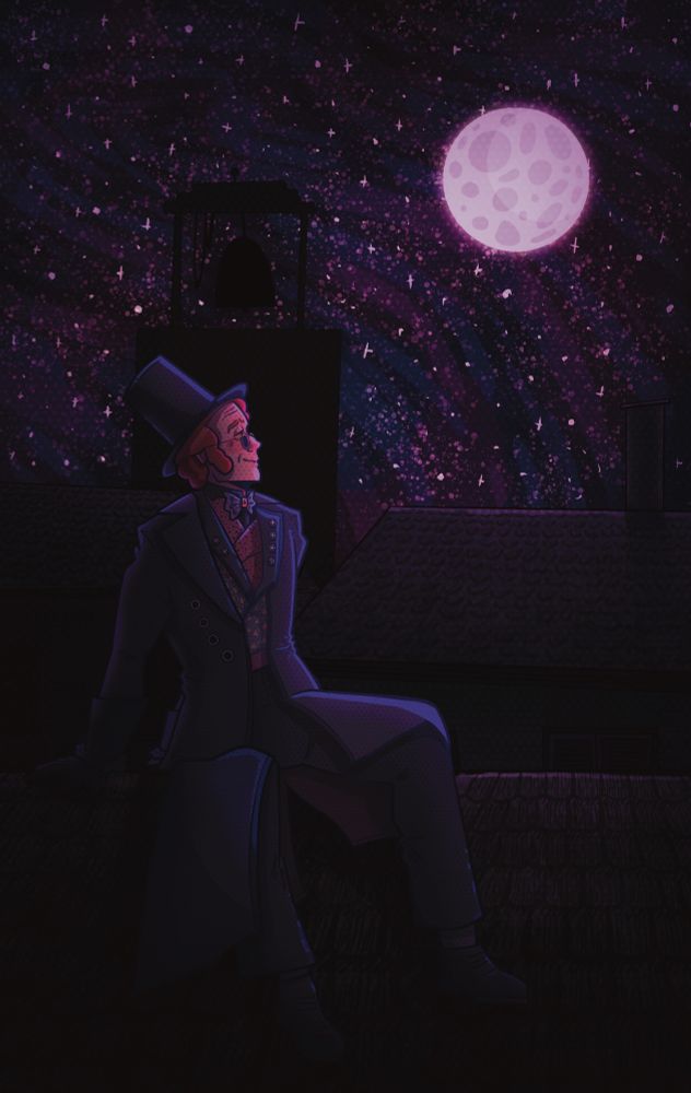 1827/Edinburgh Crowley sitting on a roof. There’s two houses and a silhouetted bell tower behind him, and he’s gazing up into a vibrant, starry sky with a bright moon.
