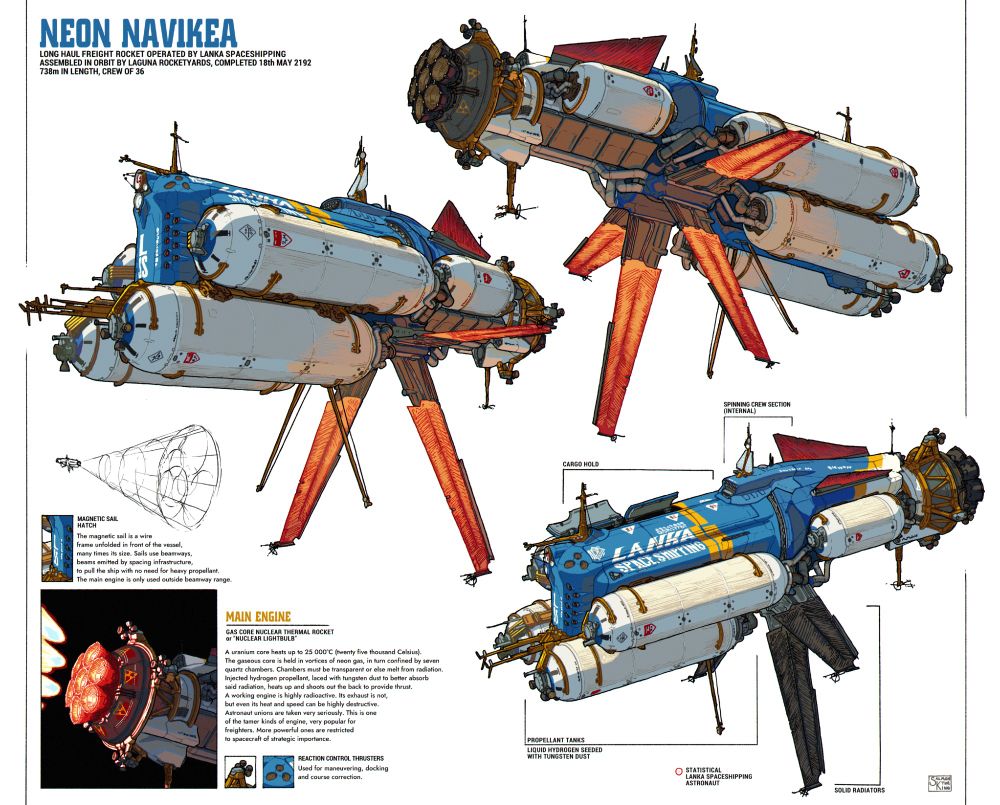 Art of hard-ish science fiction spacecraft, with radiators and propellant tanks