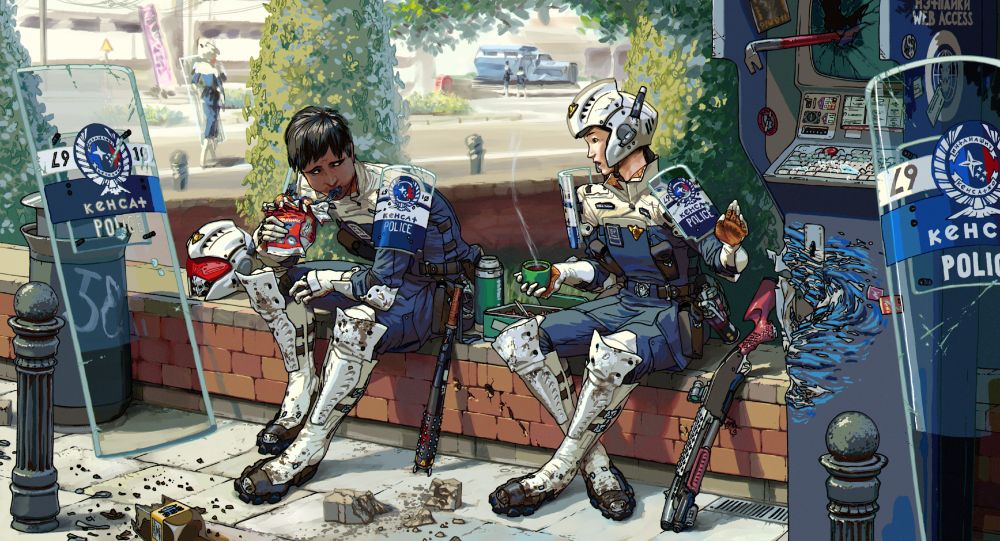 Two sci-fi cops sitting on a small brick wall, eating lunch, their weapons - a bloodied baton and shotgun - resting beside. To the right - damaged public internet terminal. Other signs of damage present. In the far background, more cops and an armored cop truck.