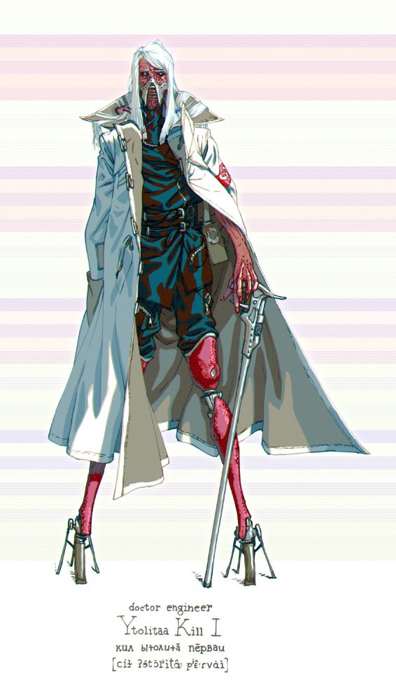 sci fi character design, old woman with long hair, wearing labcoat, two prosthetic legs, holding a cane with a monkey wrench head