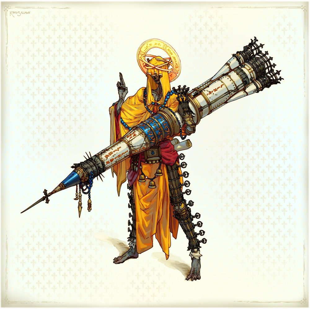 Artwork of an undead nun of indeterminate religion holding a holy missile