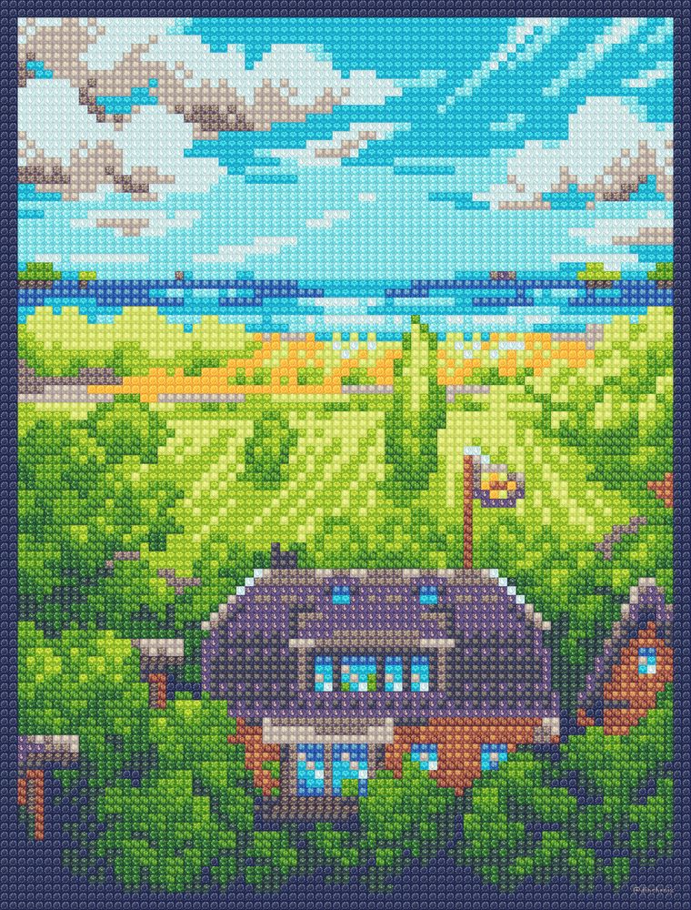 pixel artwork of a house between trees, with fields behind it and the seaside in the distance, clouds above it all - zooming in it is visible that every pixel is a little flower sprite