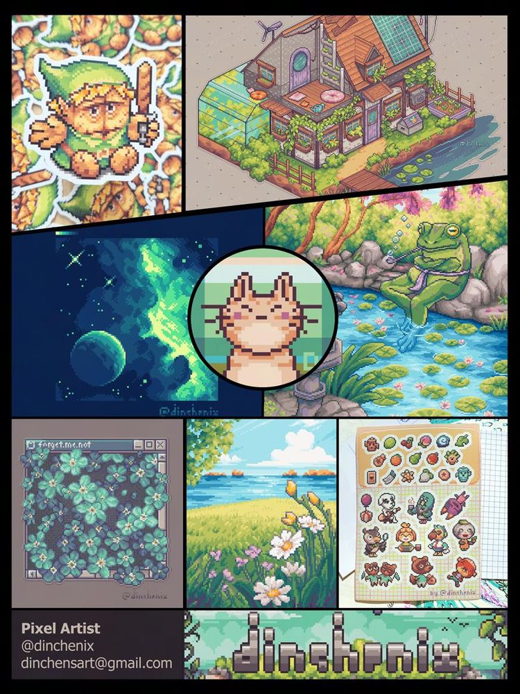 a collage of different pixel art illustrations by Dinchenix showing her work, including landscapes, sticker designs and space art
