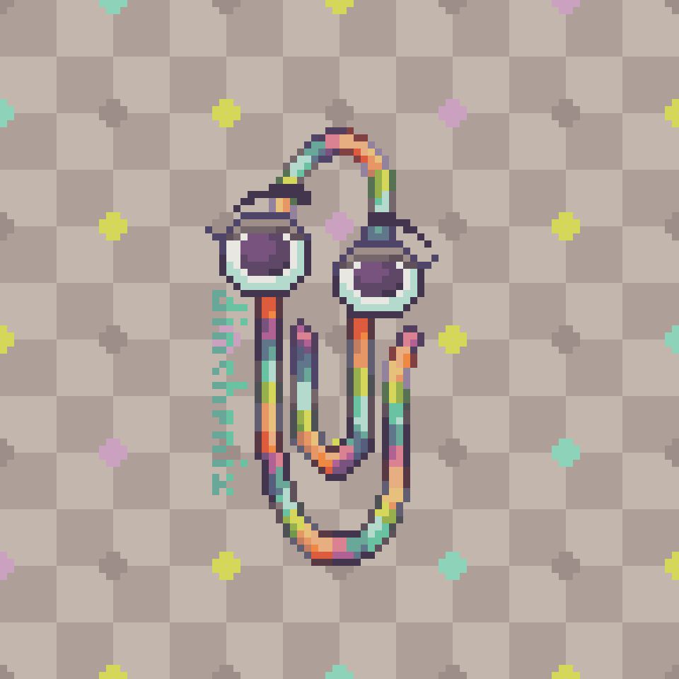 pixel art showing Clippy in rainbow colors with grey checkered background