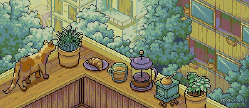 pixel art illustration of a balcony from a top-down view, on the table counter attachted to the balcony railing is a clutter of objects, including a crossaint, a cup of coffee, a french press, a coffee grinder, a few plants and a cat
in the background are other house fronts with balconies and tree-tops