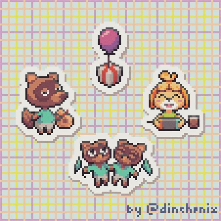 pixel art of characters from Animal Crossing New Horizons including Tom Nook, Isabell and Timmy and Tommy