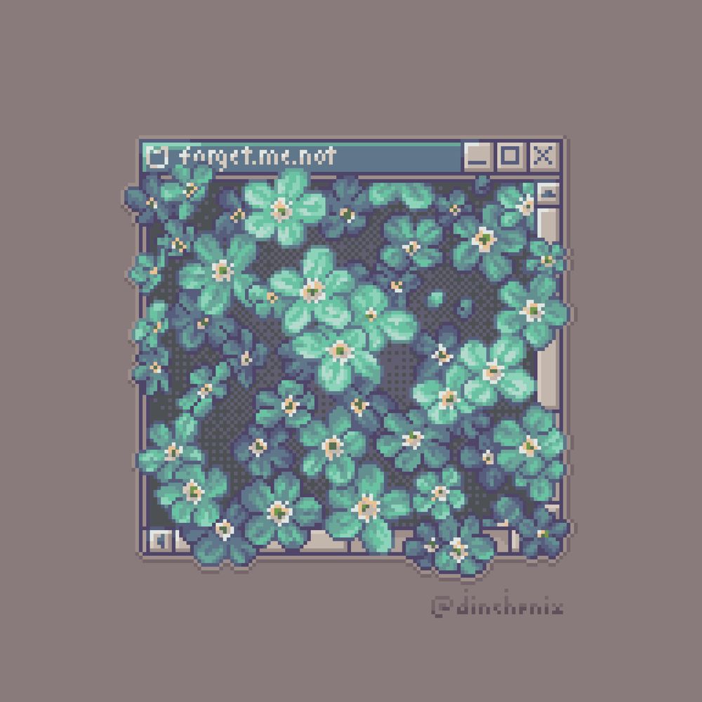 pixel art illustration of a computer application window filled with forget-me-not flowers