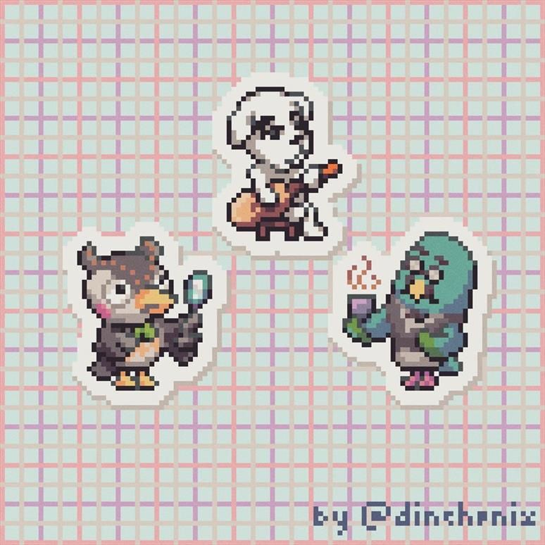 pixel art of characters from Animal Crossing New Horizons including Blathers, K. K. Slider and Brewster