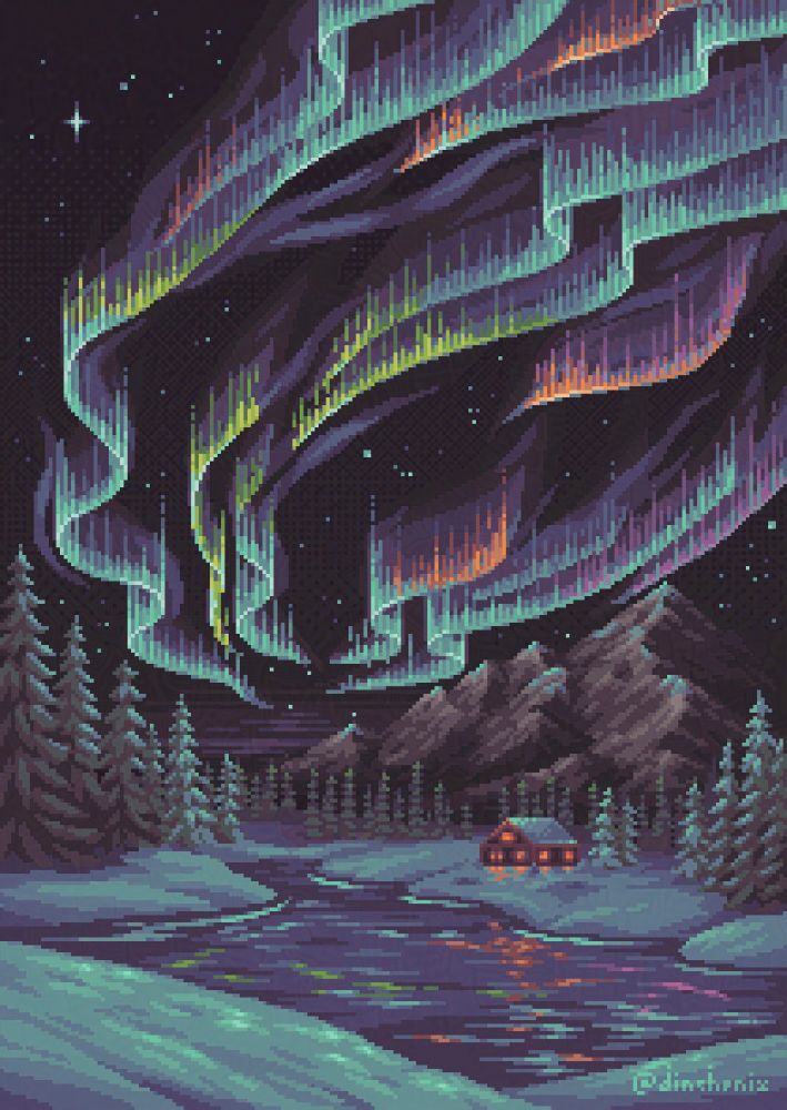 pixel art illustration of a wintery scene showing the nothern lights in different colors, which are reflecting onto a lake below. behind the water, on the snow is a hut with windows glowing in warm light, behind the hut is a forest of pine trees and a mountain range in the distance.