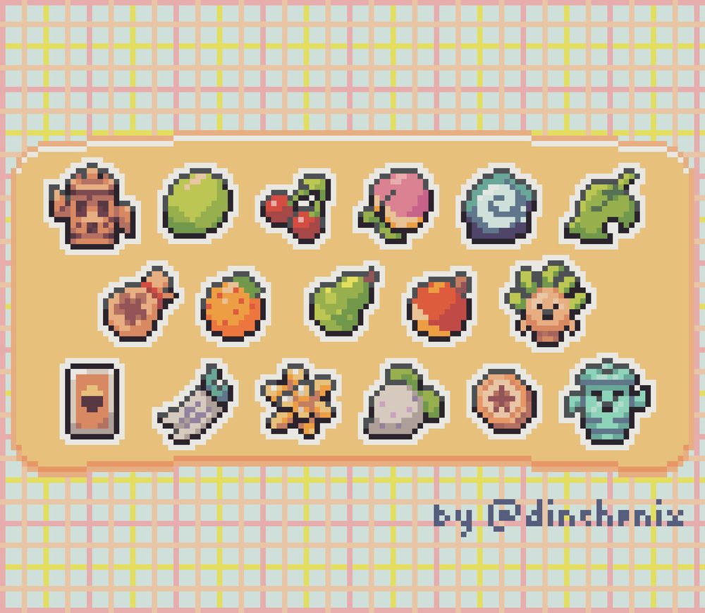 pixel art of a set of items from Animal Crossing New Horizons, including fruits, game items and gyroids