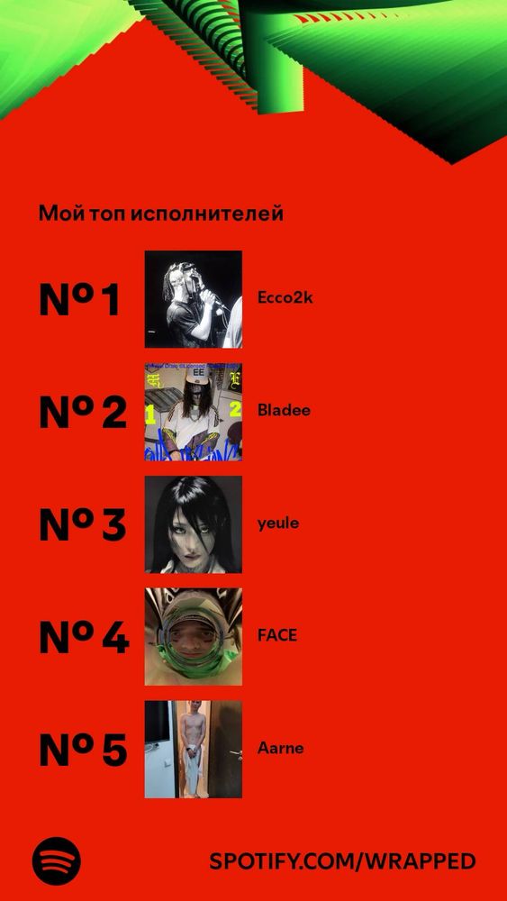 Spotify Wrapped top artists:
1. Ecco2k
2. Bladee
3. yeule 
4. FACE
5. Aarne 