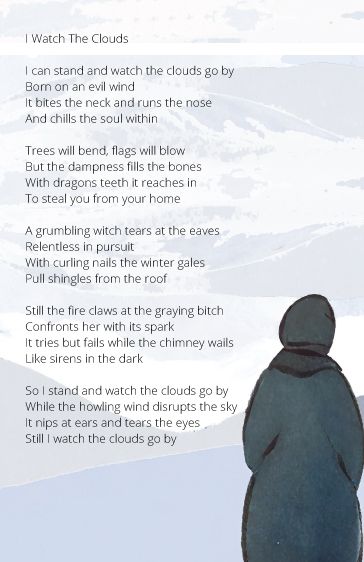 An image of a lone figure in a winter jacket, back turned to the screen, staring at a cold, inhospitable, gray and white landscape