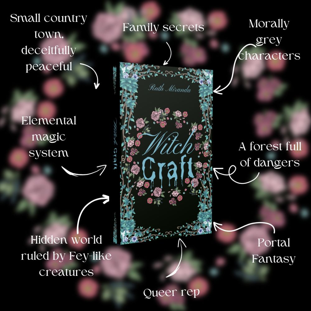 Cover of the book Witch Craft by Ruth Miranda with a list of tropes: small country town, deceitfully peaceful, family secrets, morally grey characters, elemental magic system, a forest full of dangers, hidden world ruled by Fey-like creatures, queer rep, portal fantasy