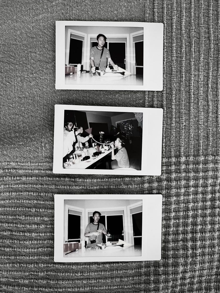 Brandon in three Polaroid pictures celebrating his 27th birthday! 

Top and bottom photos show Brandon being serenaded by his friends with Sexxy Red as he cuts his cake. 

Middle photo features Brandon getting fed Mike’s Hard Lemonade through a penis shaped drinking funnel by one of his friends.