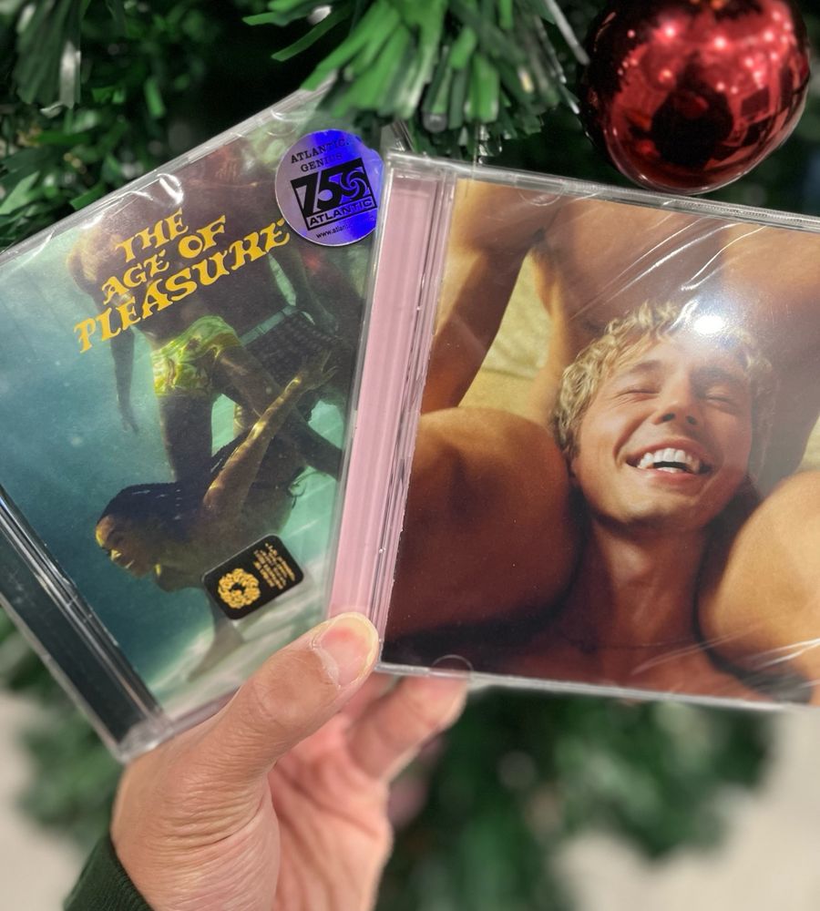 Janelle Monae’s “The Age of Pleasure” and Troye Sivan’s “Something To Give Each Other” albums held in front of a Christmas tree in a somewhat aesthetically pleasing way??