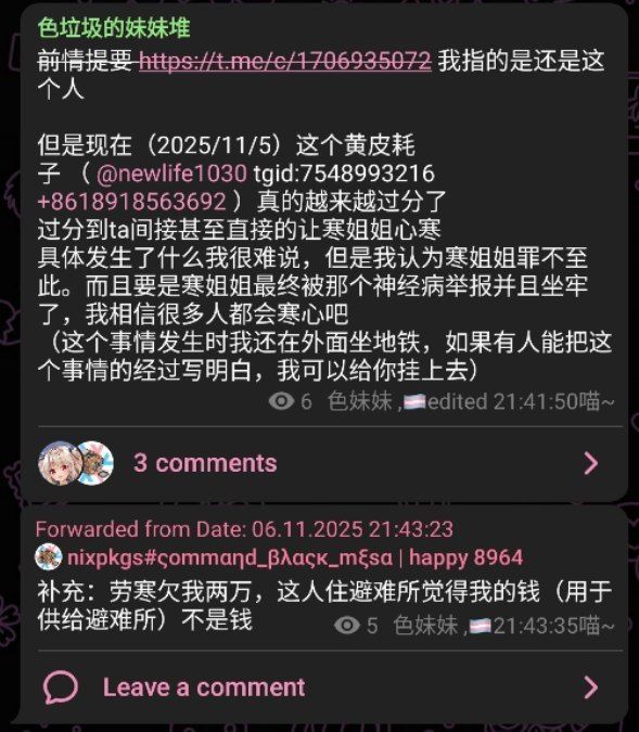 但是现在（2025/11/5）这个黄皮耗子 （ @newlife1030 tgid:7548993216 +8618918563692 ）真的越来越过分了
过分到ta间接甚至直接的让寒姐姐心寒
具体发生了什么我很难说，但是我认为寒姐姐罪不至此。而且要是寒姐姐最终被那个神经病举报并且坐牢了，我相信很多人都会寒心吧
（这个事情发生时我还在外面坐地铁，如果有人能把这个事情的经过写明白，我可以给你挂上去）

---

命令方块的补充：劳寒欠我两万，这人住避难所觉得我的钱（用于供给避难所）不是钱