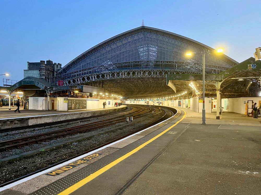 A colour photograph of Bristol Temple Meads Station taken as the light faded. Taken using the iPhone camera and edited using DXO Photolab 8. 