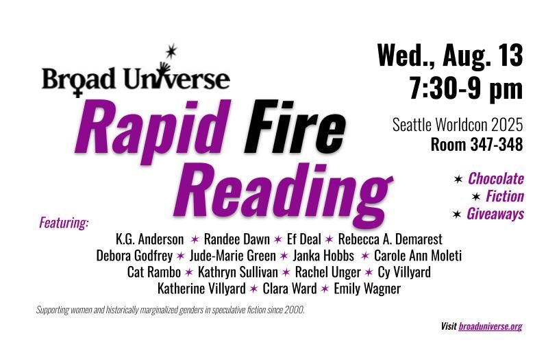 Rapid Fire Reading, Wed Aug 13th 7:30-9pm Seattle Worldcon 2025 Room 347-348