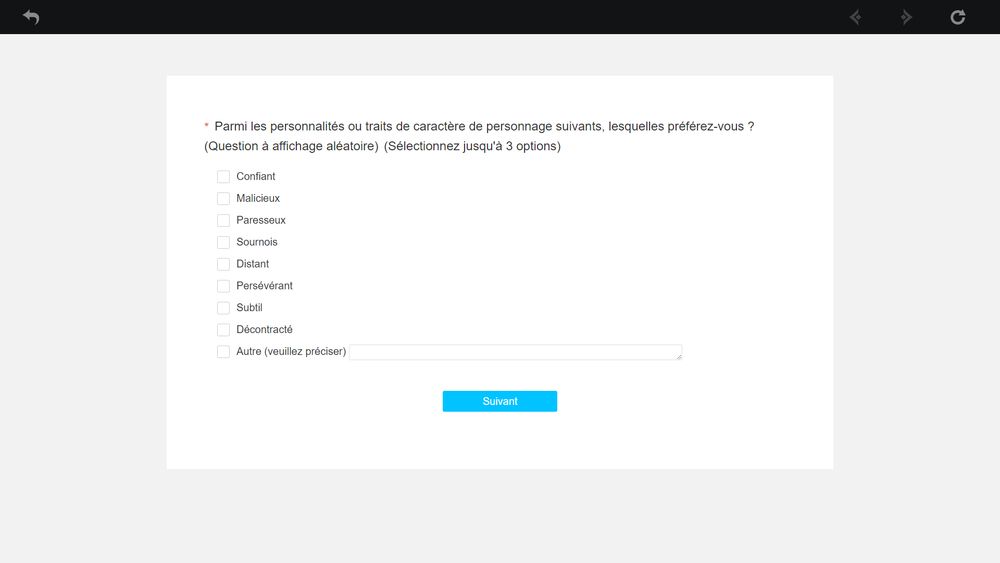 Page blanche avec pour question "parmi les personalités ou trait de caractère de personnages suivants, lesquelles préférez vous ?" et plusieurs choix nous sont proposés : confiant, malicieux, paresseux, sournois, distant, persévérant, subtil et décontracté.