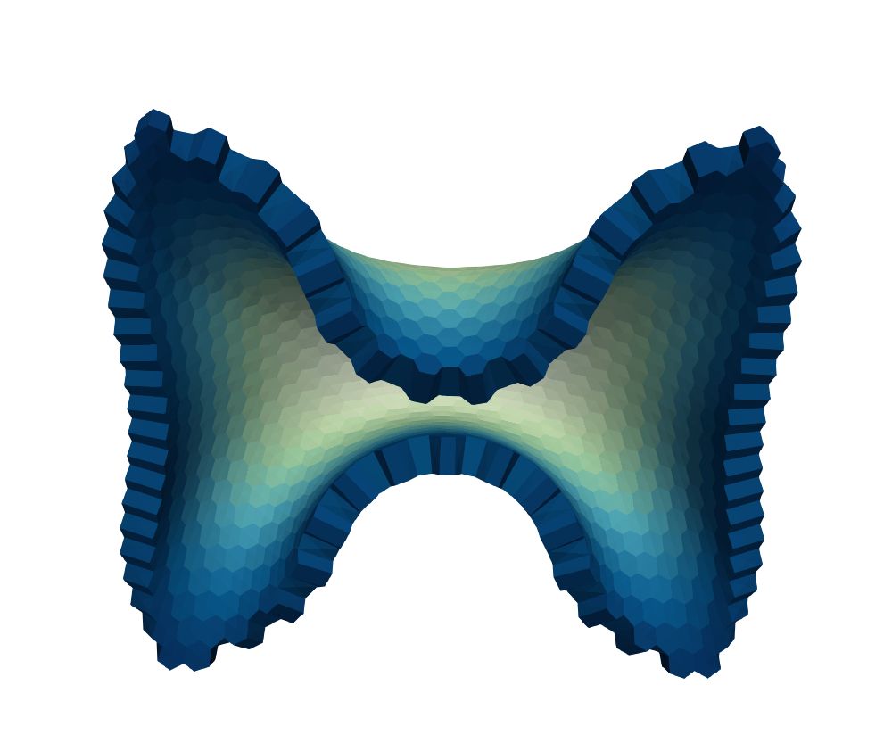 Buckled vertex model simulation of a rectangular sheet that looks like a butterfly, resembling the Bsky logo.