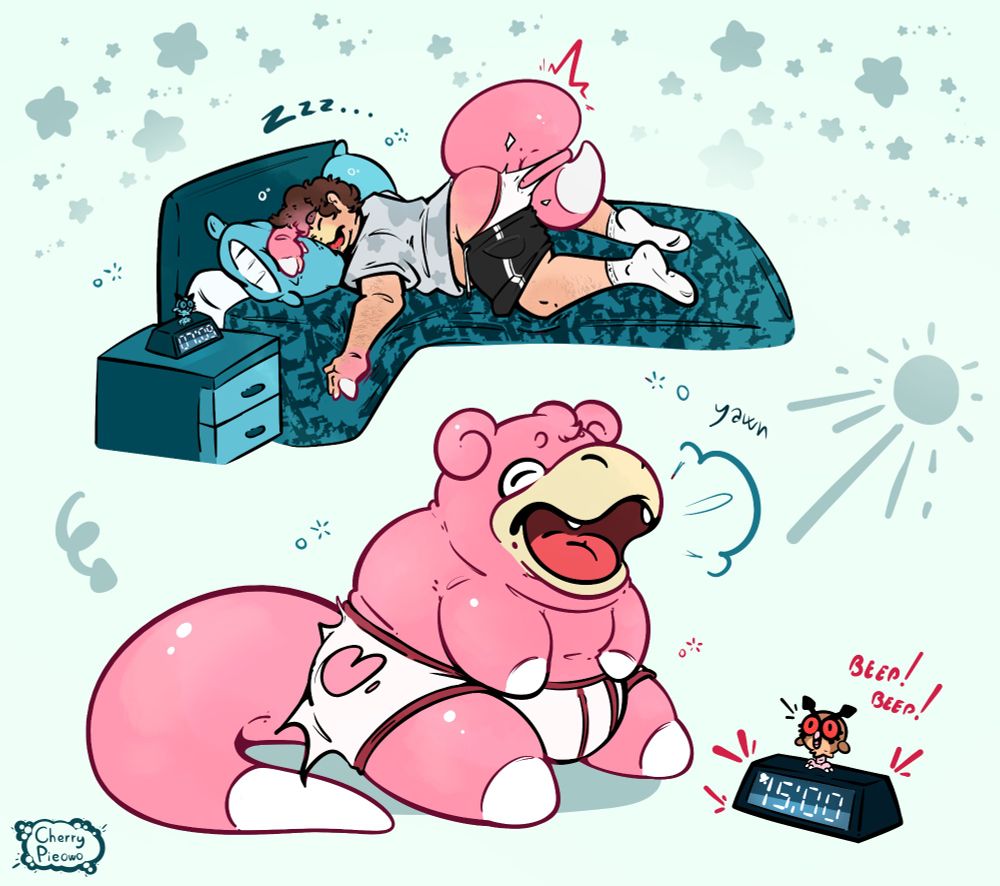 A 2 panels comic where a human is turning into a Slowpoke.
At 7 am the human is in bed in mid Transformation. By 3pm he has fully changed into a Slowpoke but is still sleepy