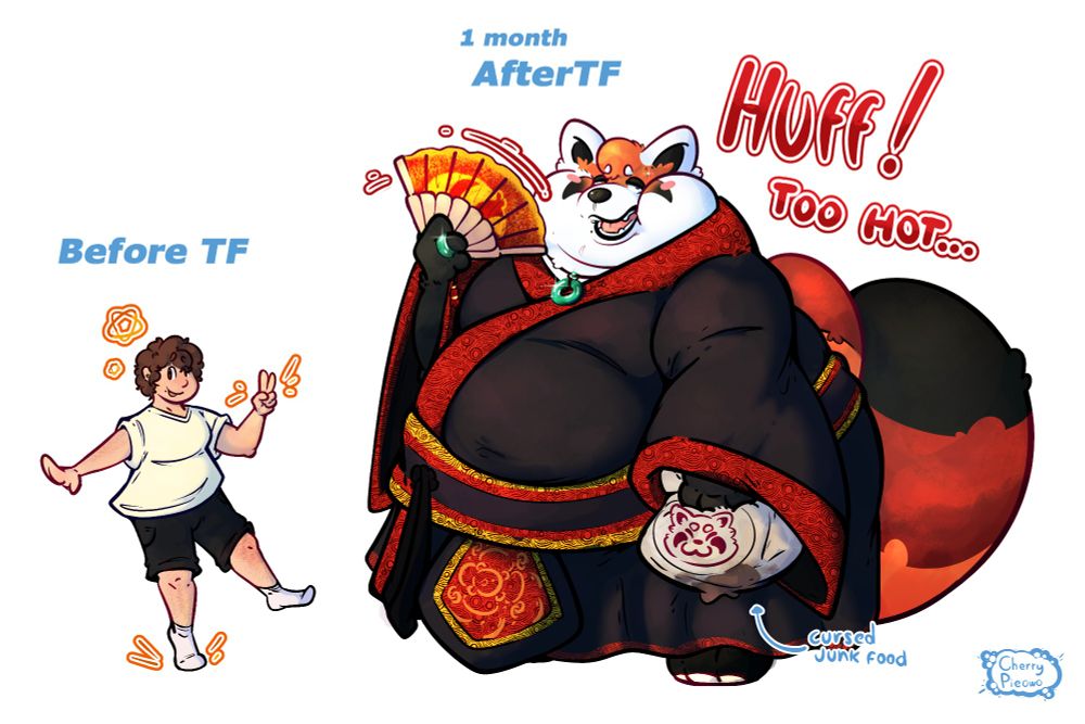 The picture shows a before and after result of a transformation caused by Red Panda branded junk food diet.
On the left stands the human, on the right the same human one month later, turned into a fat antropomorphic red panda, twice the height of the human, wearing a traditional chinese kimono and waving a paper fan.