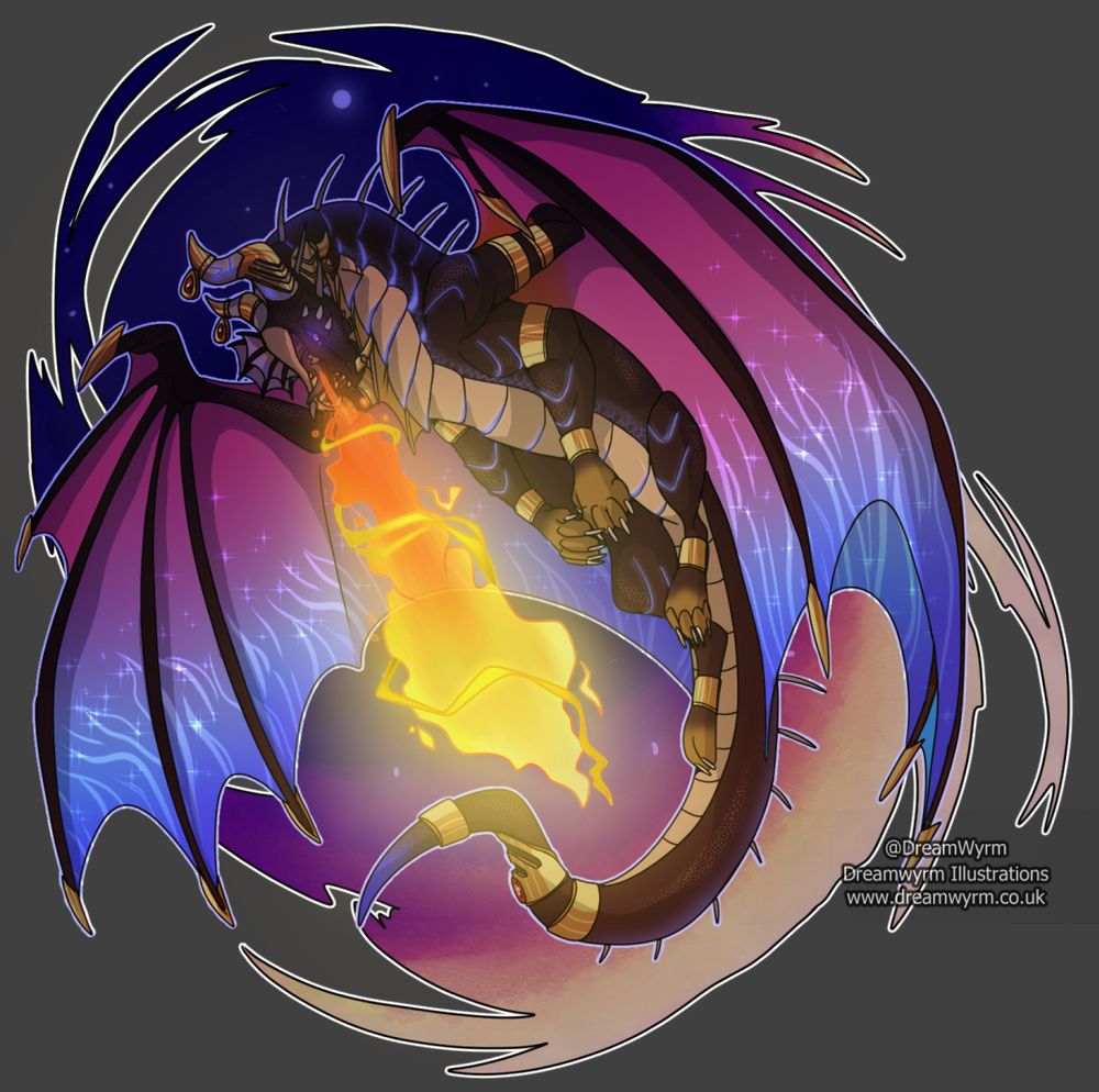 A black dragon in flight with purple wings and gold accessories breathes fire against a starry sky