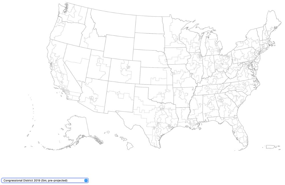 A map of congressional districts (2019 at 5m resolution) that includes five inhabited territories served by NEH. Non-contiguous areas are placed around the continental United States in the typical fashion, with western states and territories on the bottom left and Caribbean territories on the bottom right.