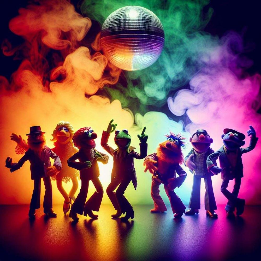 Muppets Dance, silhouette, disco style, multicolore background, smoke
