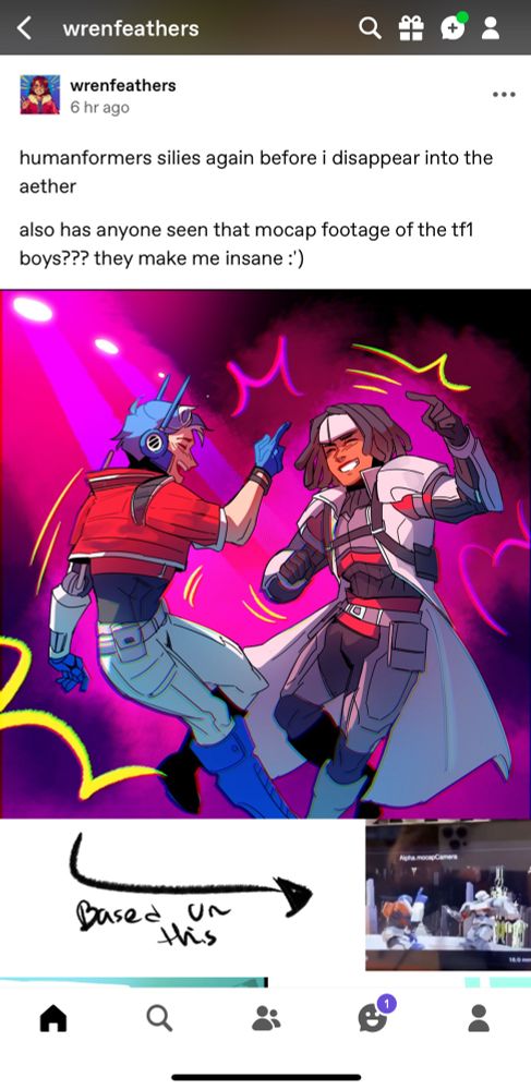 ART BY WRENFEATHERS ON TUMBLR OF TFONE MEGATRON AND OPTIMUS PRIME DANCING BASED OFF THE MOCAP VIDEO (IM GOING TO EXPLODE)