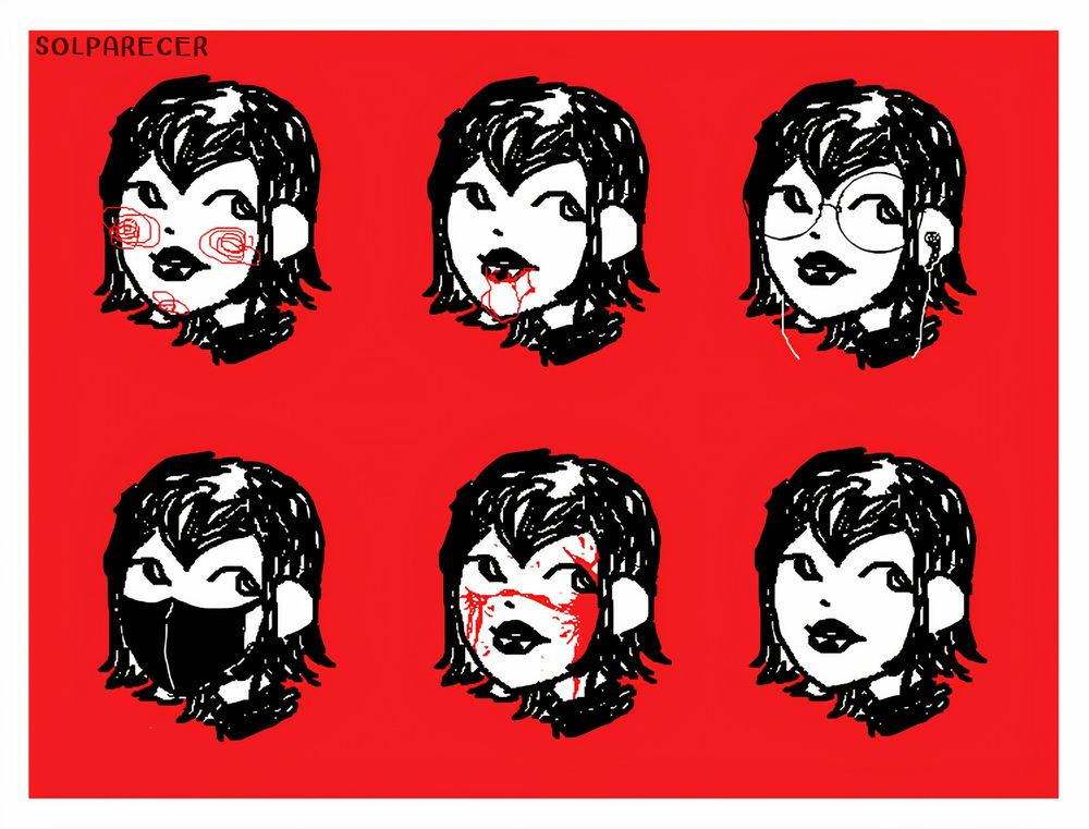 a digital drawing: six headshots of the character Mavis from Hotel Transylvania on a bright red background